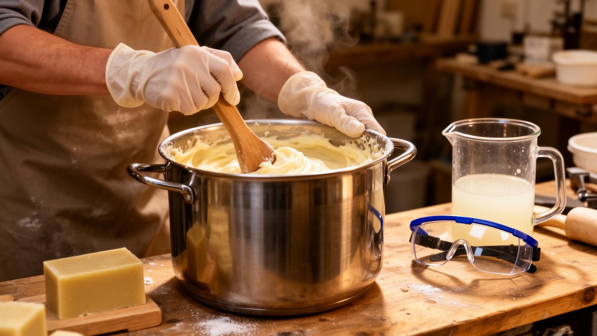 Hands stirring cold process soap batter with safety equipment