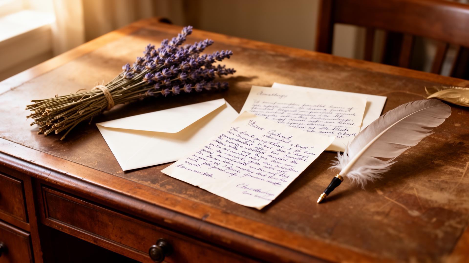 Vintage desk with handwritten letters and dried lavender