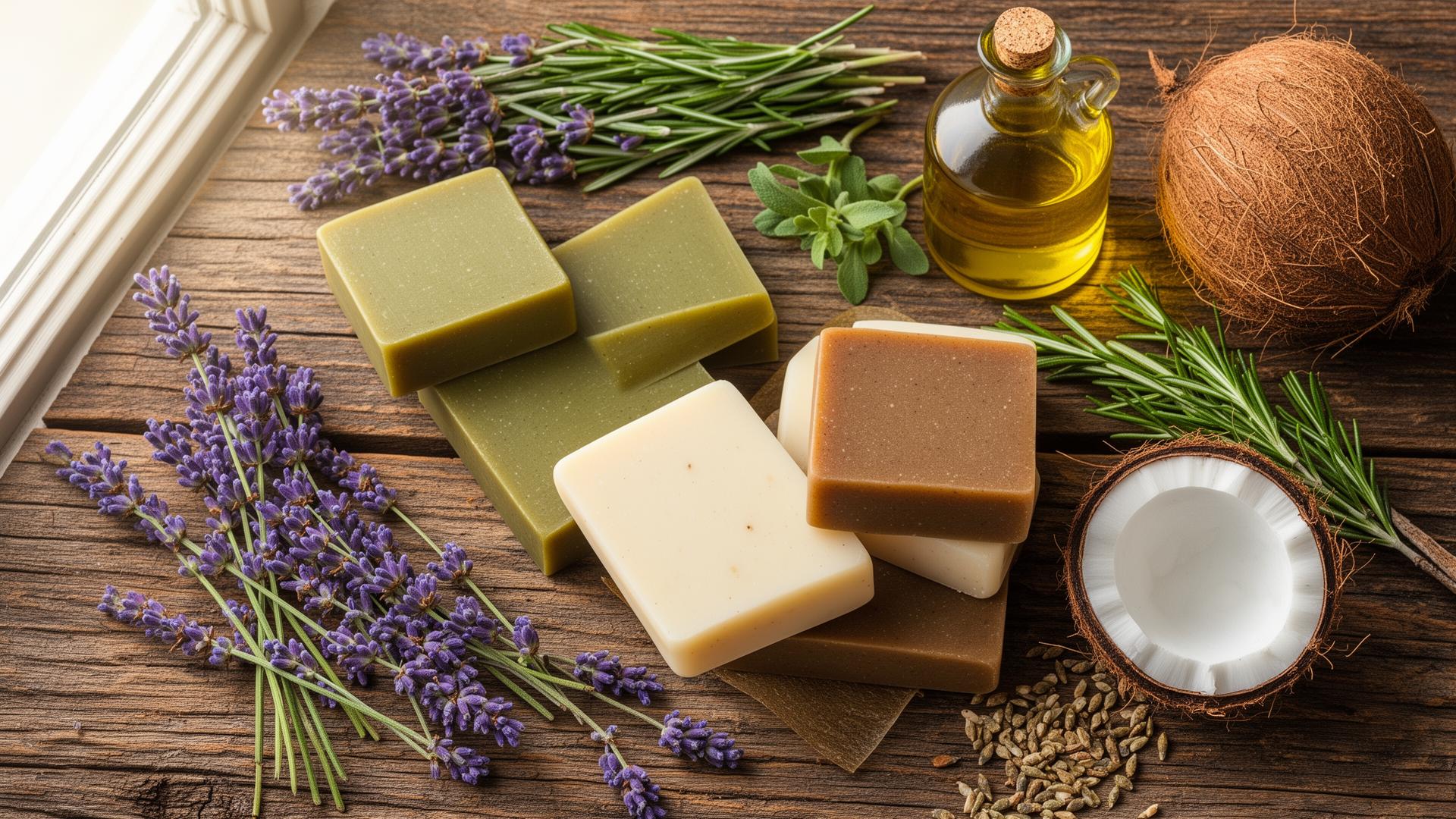 Natural handmade soap with fresh ingredients on wooden table