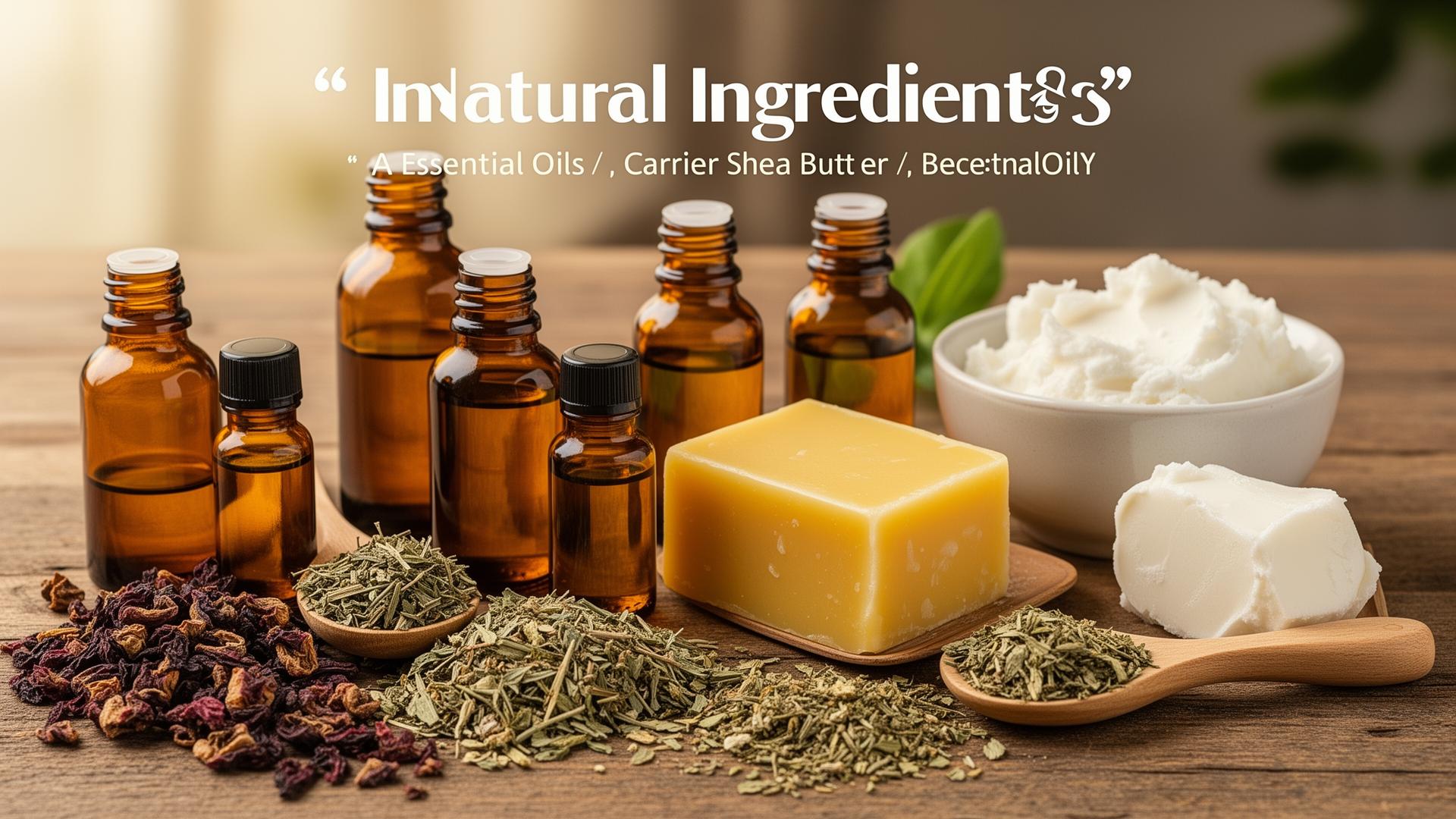 Natural ingredients including essential oils, carrier oils, and butters