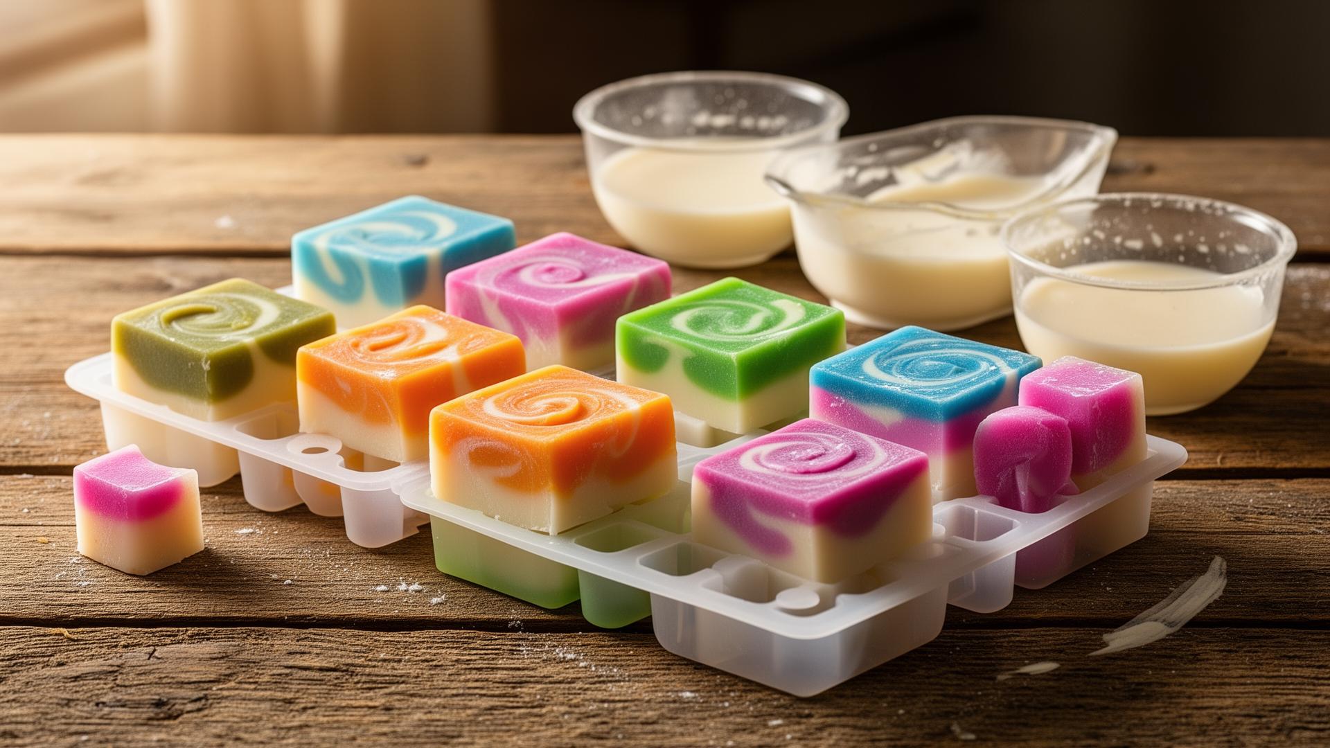 Colorful melt and pour soap bars in silicone molds