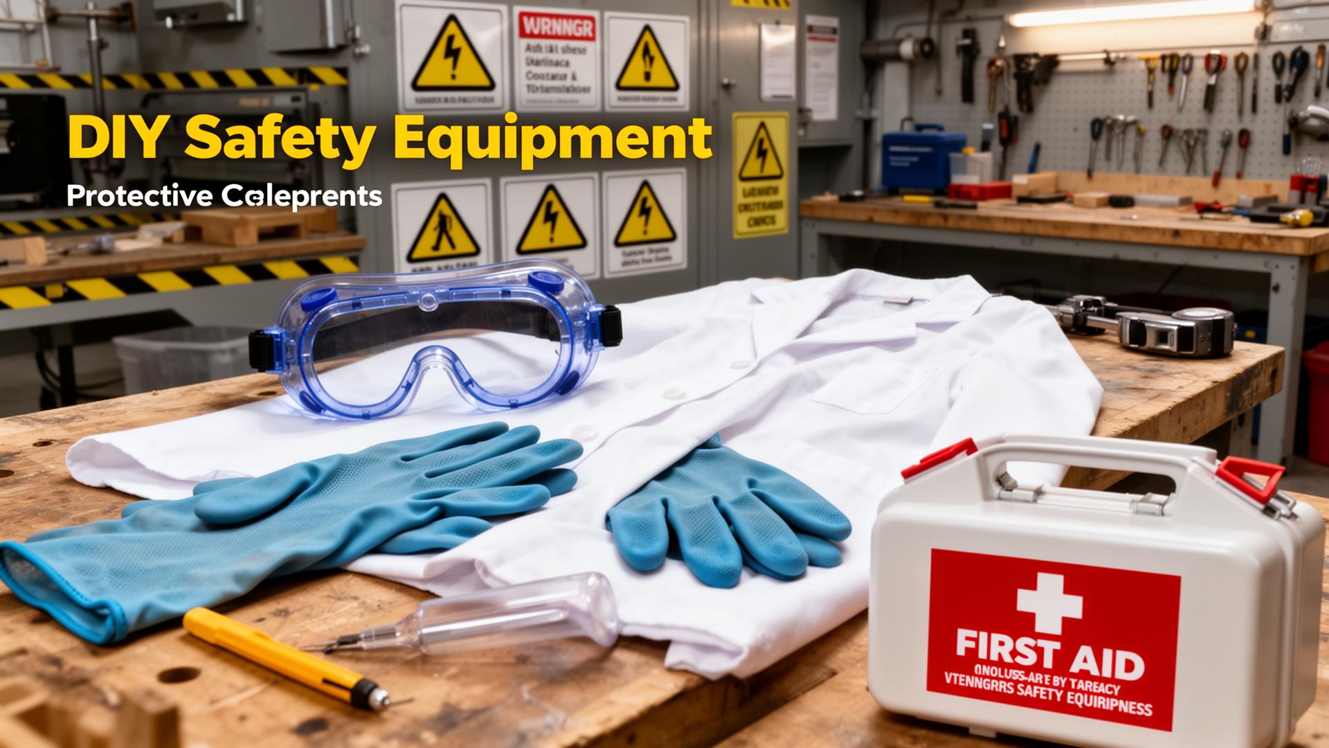 DIY safety equipment including goggles, gloves, and first aid kit