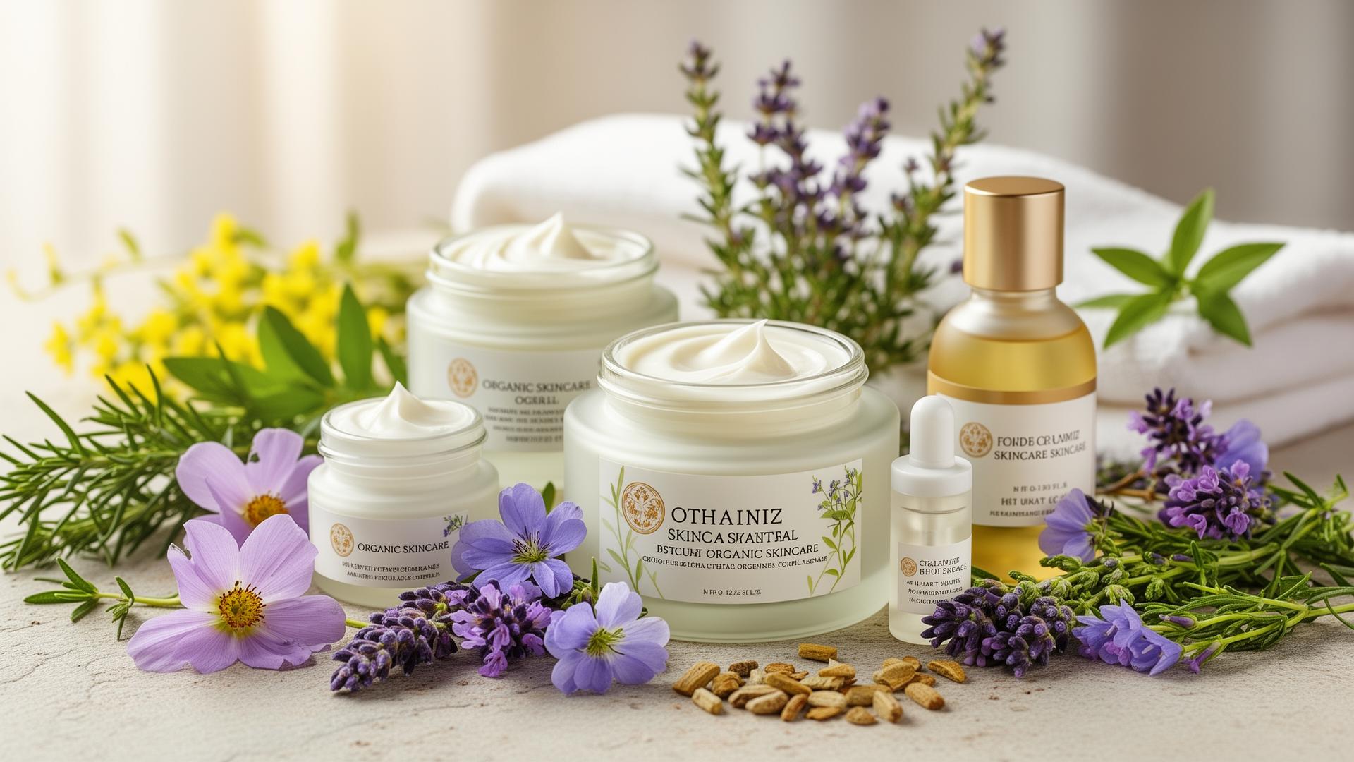 Natural skincare products with fresh flowers and botanical ingredients